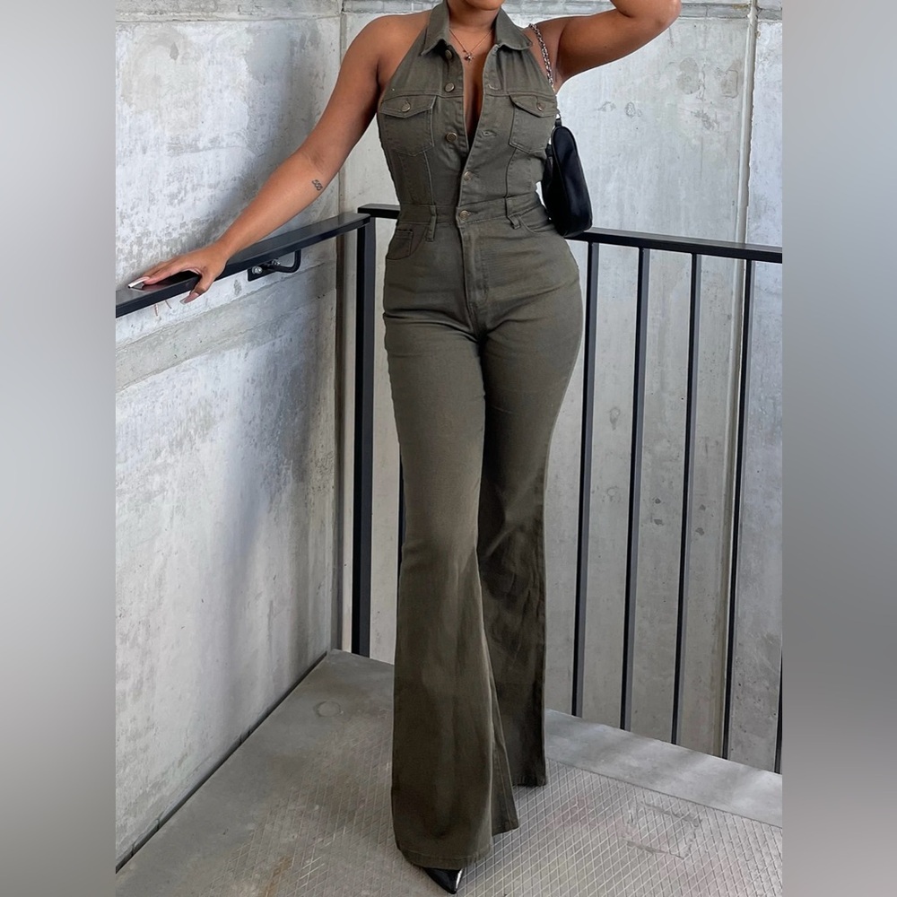 Olive Green Large Halter Flare Leg Jumpsuit